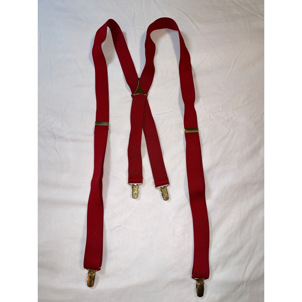 Vintage CAS West Germany Red Suspenders Gold Tone X-Back Adjustable Braces Mens